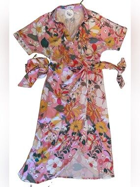 In Bloom Pink Floral Midi Wrap Dress with Tie Details